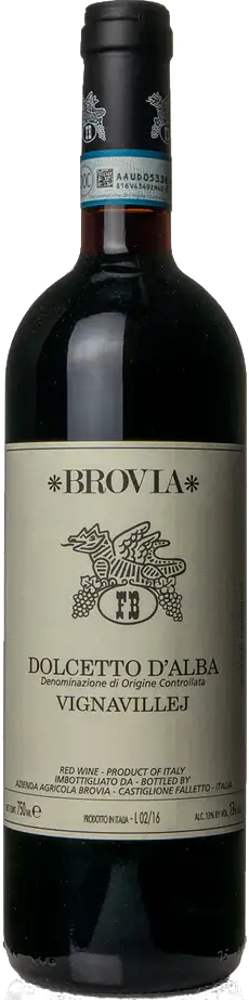 2023 Dolcetto d'Alba, Vignavillej, Brovia, Piedmont bottle shot.