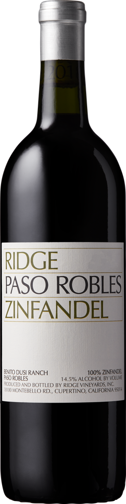 2021 Paso Robles Zinfandel, Ridge Vineyards, Benito Dusi Ranch bottle shot.