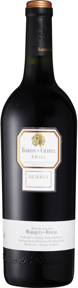 2001 Rioja Reserva, Barón de Chirel, Marqués de Riscal bottle shot.