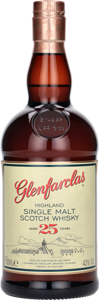 Glenfarclas 25 Year Old Single Malt Scotch Whisky, Speyside bottle shot.