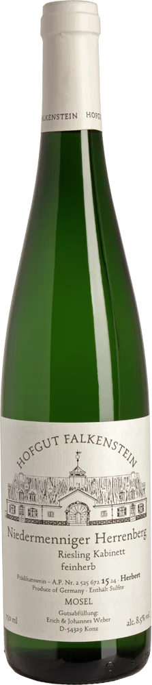 2023 Niedermenniger Herrenberg Riesling Kabinett Feinherb, Onkel Peter, Hofgut Falkenstein, Mosel bottle shot.