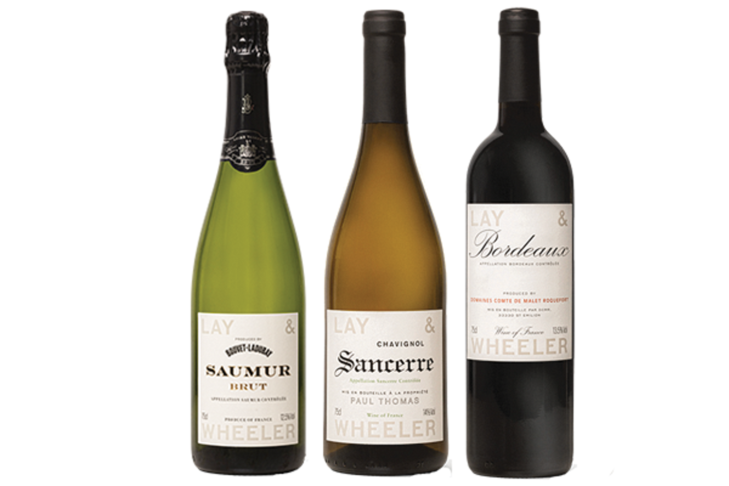 Our Collection: Trio of Sparkling, White & Red bottle shot.