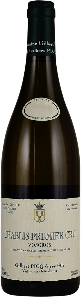 2023 Chablis 1er Cru Vosgros, Domaine Gilbert Picq bottle shot.