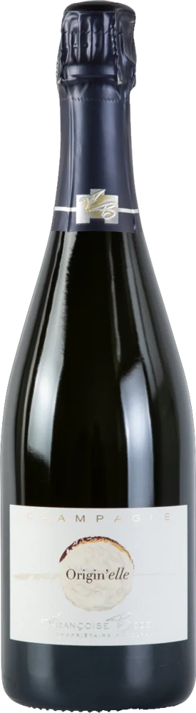 N/V Origin'elle Extra Brut, Françoise Bedel bottle shot.