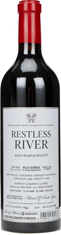 2020 Main Road & Dignity Cabernet Sauvignon, Restless River, Upper Hemel-en-Aarde bottle shot.