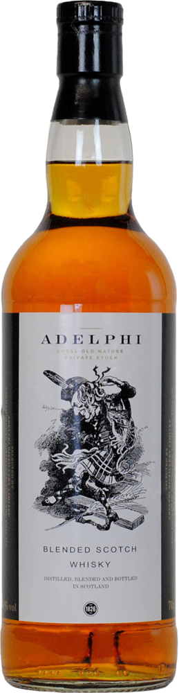 Adelphi Private Stock Blend, Scotch Whisky bottle shot.