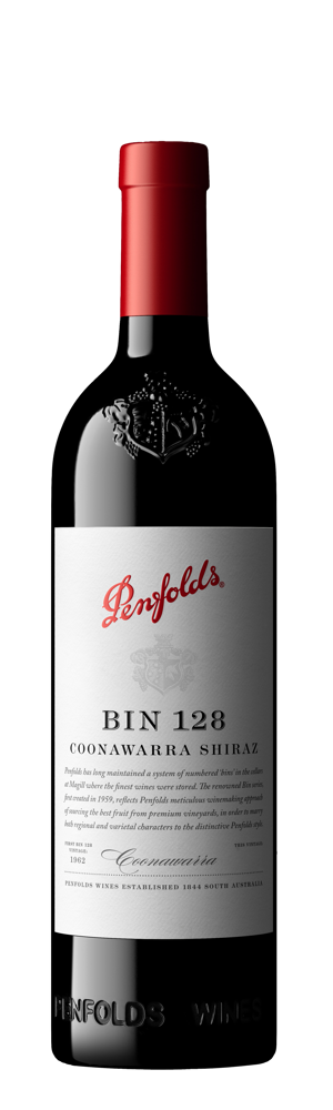 2021 Bin 128 Coonawarra Shiraz, Penfolds, South Australia bottle shot.