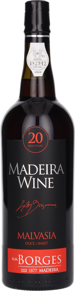 Malmsey 20 Year Old, H.M. Borges, Madeira bottle shot.